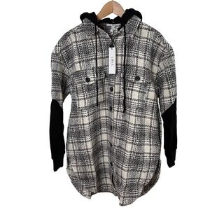 NWT LBLC (Revolve) Plaid Shacket Hoodie Women's M Black Cream Streetwear Cozy